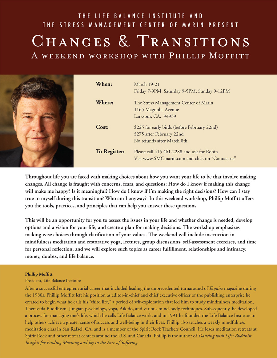 flyer for changes  Transitions , Phillip Moffitt, Dharma Wisdon, California